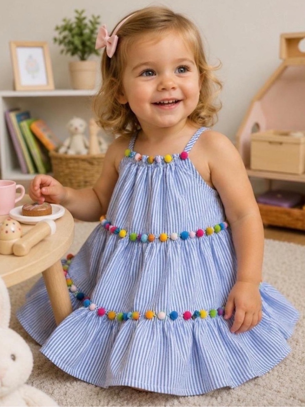 Maggie & Zoe Blue Stripe Tiered Sundress with Multicolor Pom Poms
